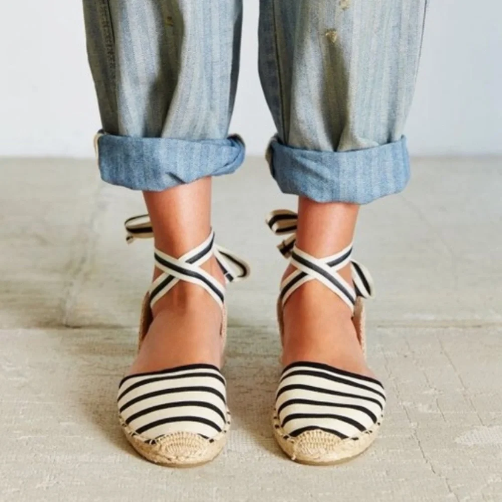 Soludos classic striped espadrille ankle wrap shoe. Size 7